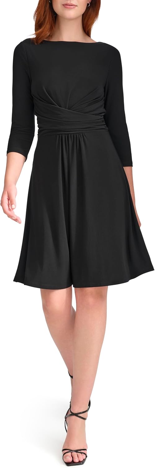 

Женское трикотажное мини-платье Tommy Hilfiger с рукавами 3/4 и вырезом-лодочкой, облегающее и расклешенное, Black