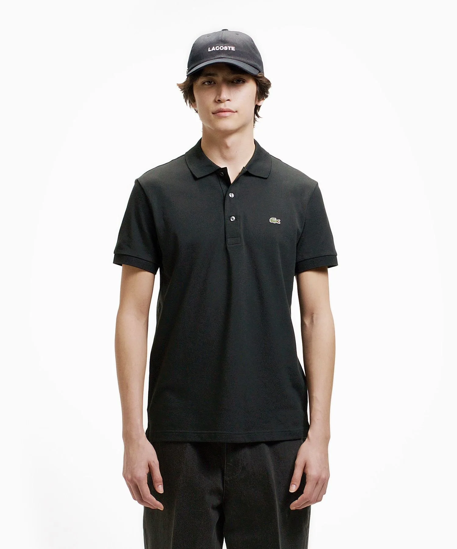 Однотонная облегающая эластичная рубашка-поло (с коротким рукавом) LACOSTE, Black — фото 2