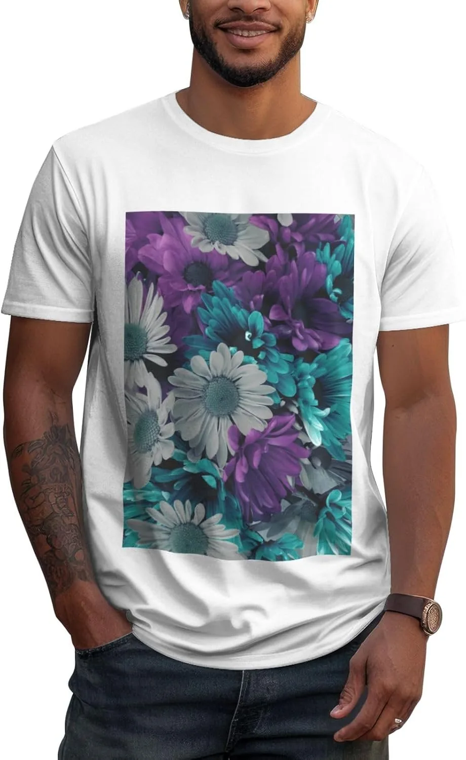 

Мужская футболка Cotton Crew Neck, фиолетово-белая с цветочным принтом, дышащая, не садится ZERAOKE