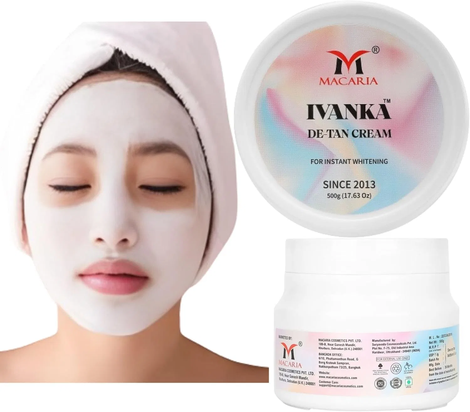 Крем для лица Macaria — Ivanka De-Tan Tan removal Cream, -в-1 с Койевой кислотой, Витамином Е и Алоэ Вера, 500 г