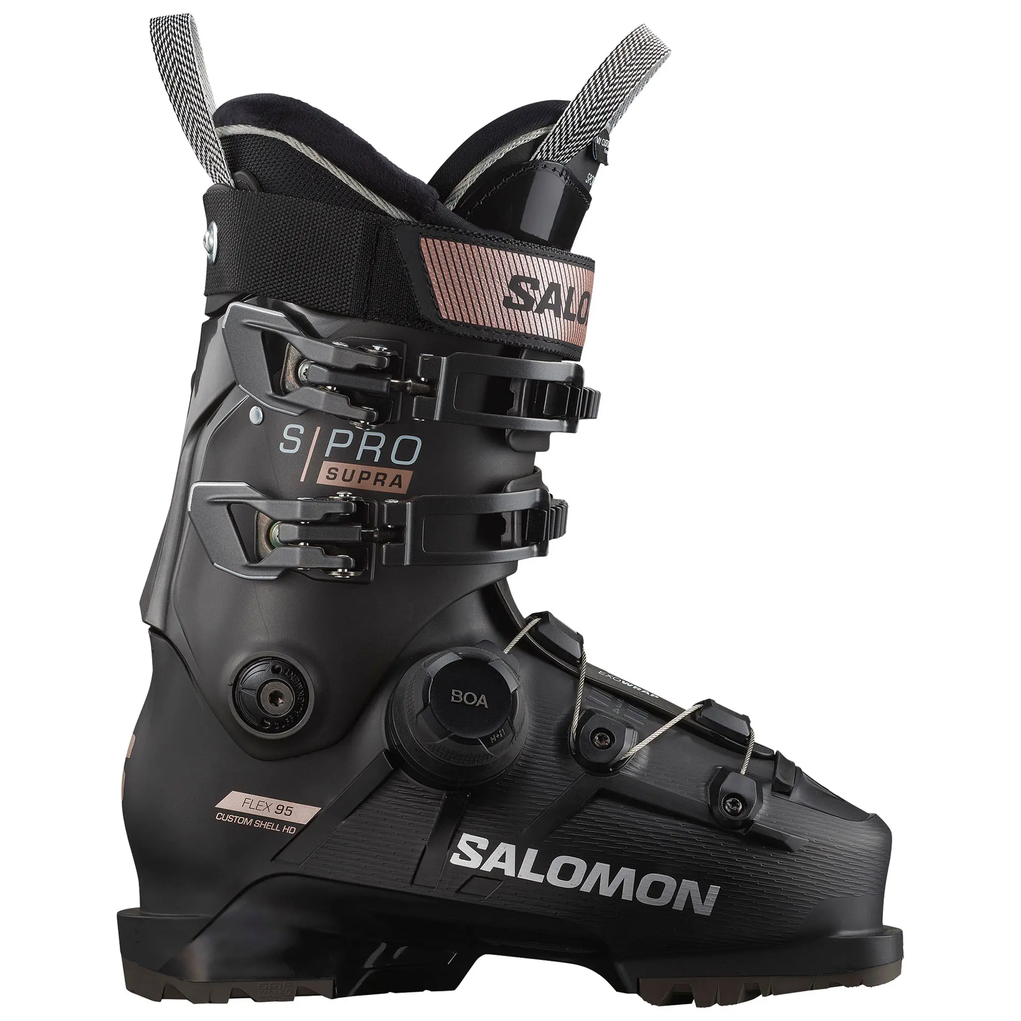 

Женские горнолыжные ботинки SPro Supra BOA 95 '25 Salomon, Black/Beluga/Pink Gold Metallic