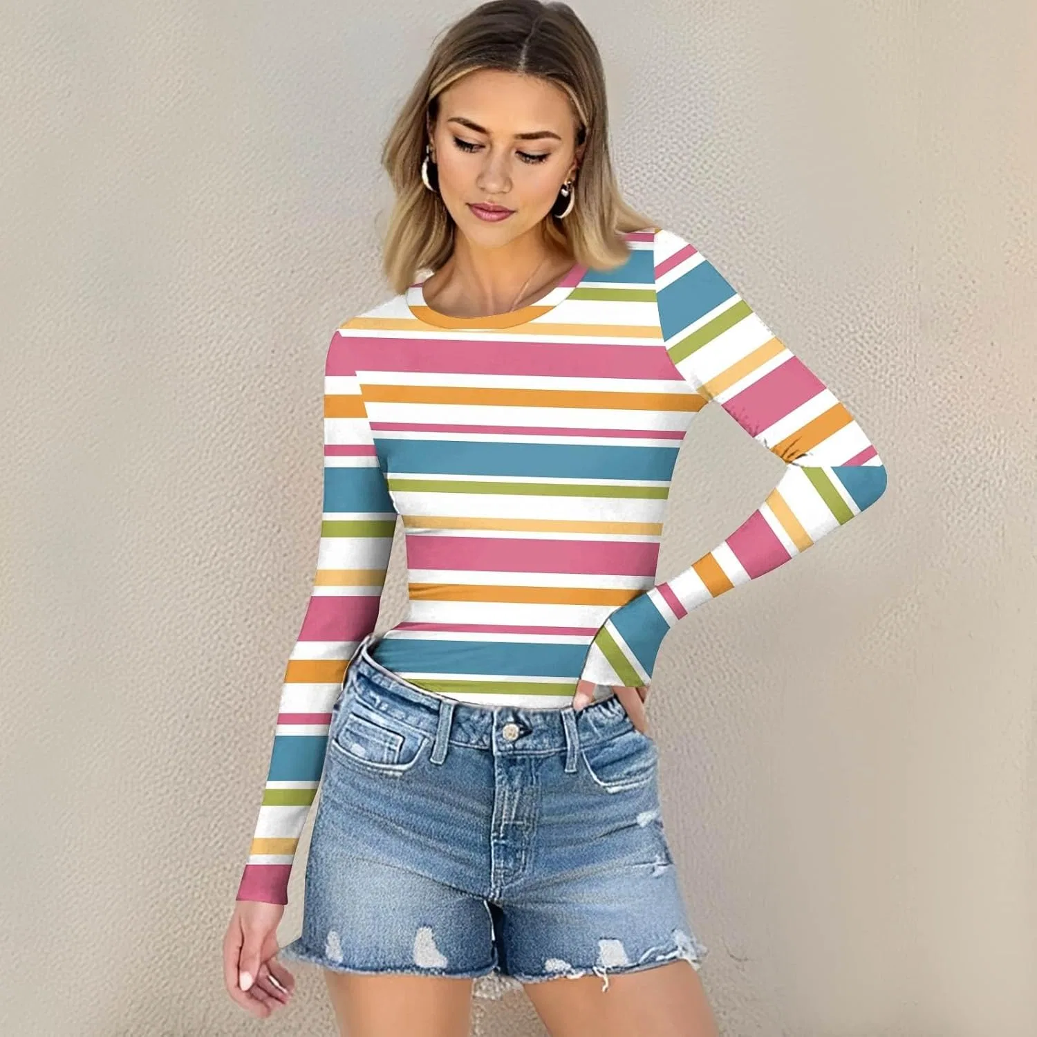 Женская футболка с длинным рукавом, полоска, Hot Pink, размерная линейка S-XXL — фото 4