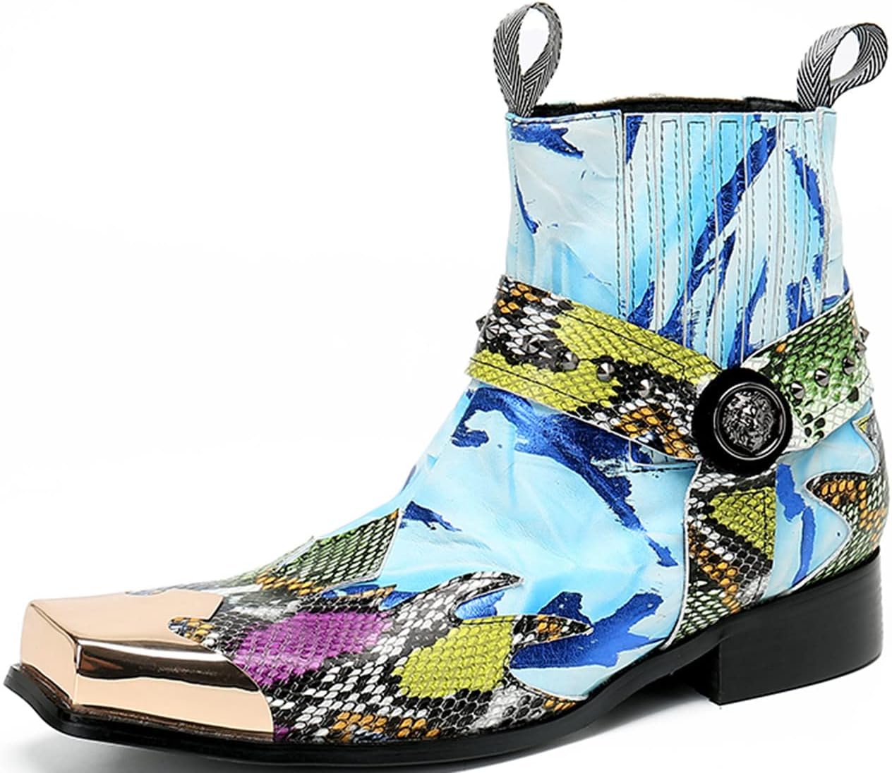 

Мужские повседневные ковбойские ботинки Chelsea Santimon - кожаные западные ботинки средней высоты с металлическим квадратным носком для свадеб и вечеринок, певцов, синий