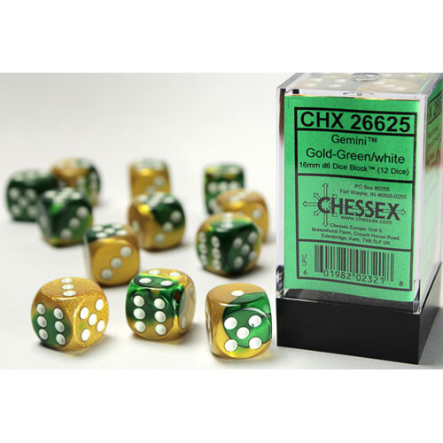 

Аксессуары Chessex Chessex 16mm d6 Set: Gemini - Gold-Green w/White (12)