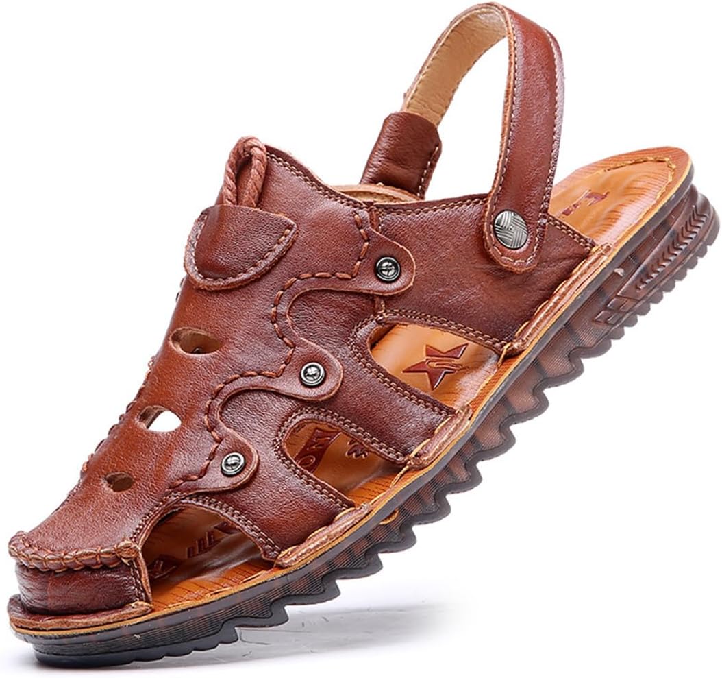 

Мужские повседневные кожаные сандалии Rojeam, сандалии для рыбалки с закрытым носком, летняя обувь, коричневый