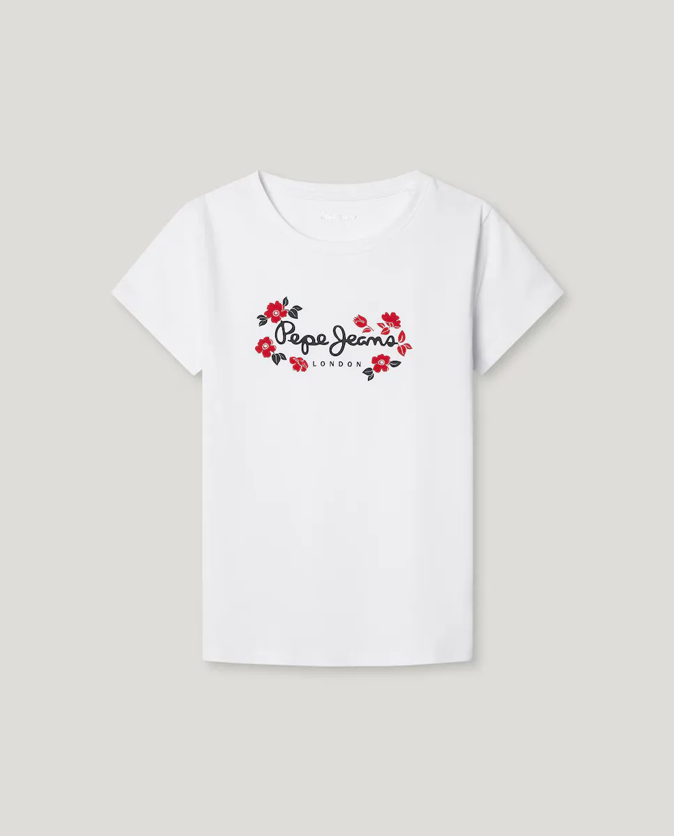 

Футболка для девочек с короткими рукавами и цветочными деталями Pepe Jeans, белый