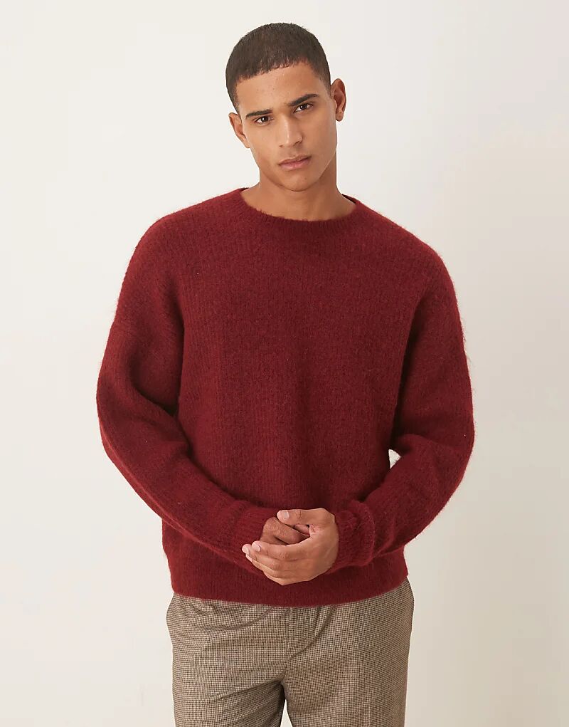 

Шерстяной трикотажный джемпер свободного кроя с круглым вырезом ASOS DESIGN бордового цвета