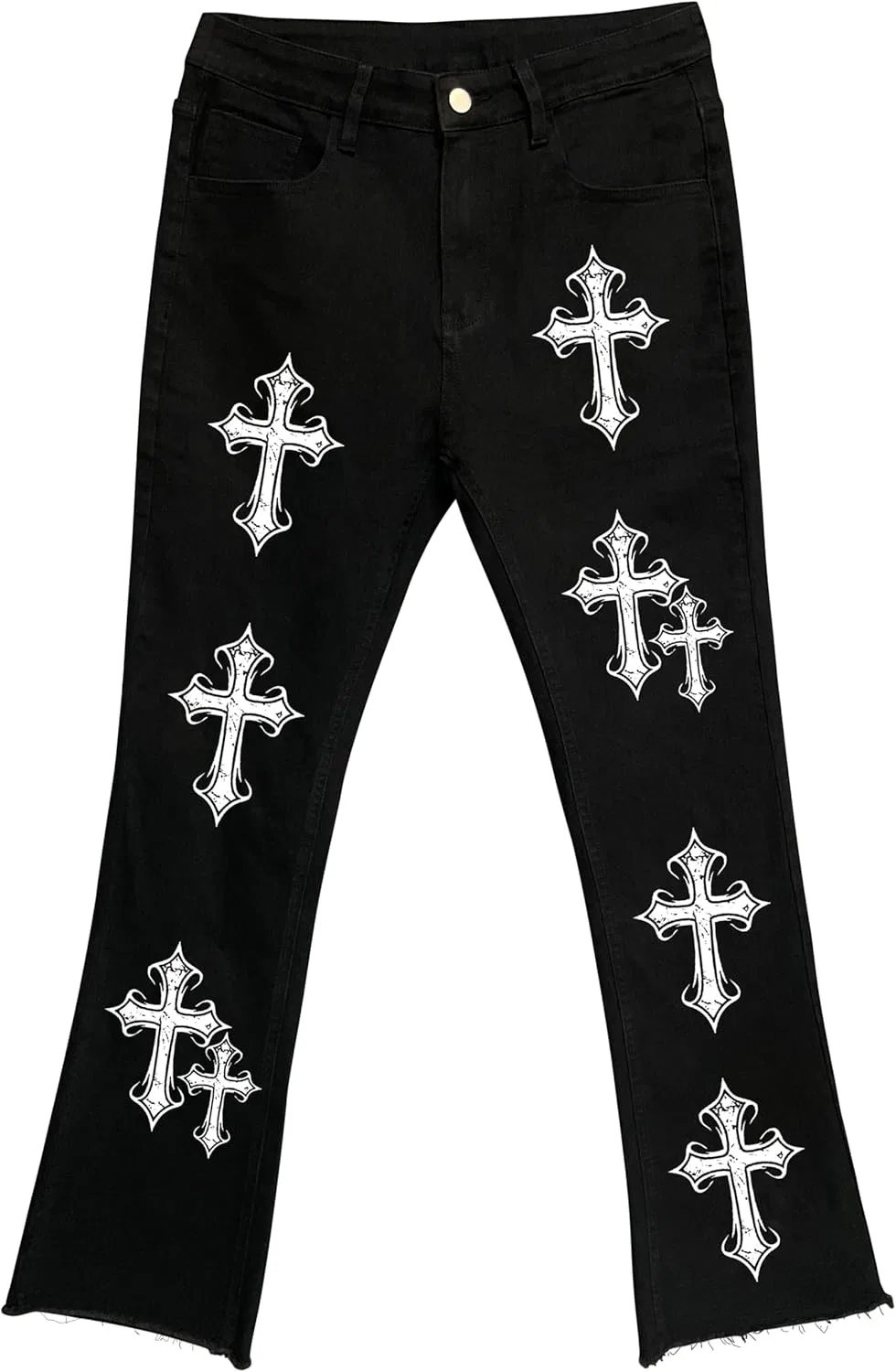 Джинсы с принтом, Men's Distressed Cross Print Denim Jeans, Black