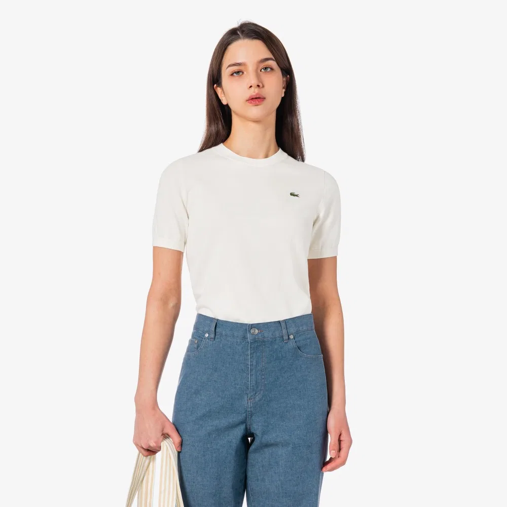 Свитер Lacoste базовый, круглый вырез, офф-уайт