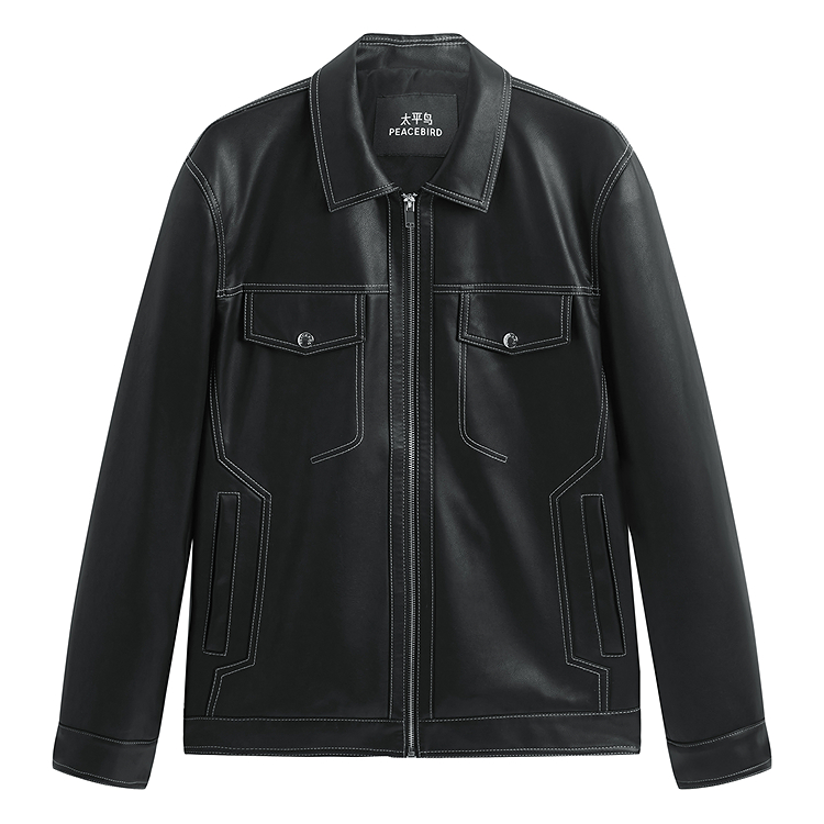 

Кожаная куртка Color Block с видимой строчкой мужская PEACEBIRD MEN, черный, batch 1