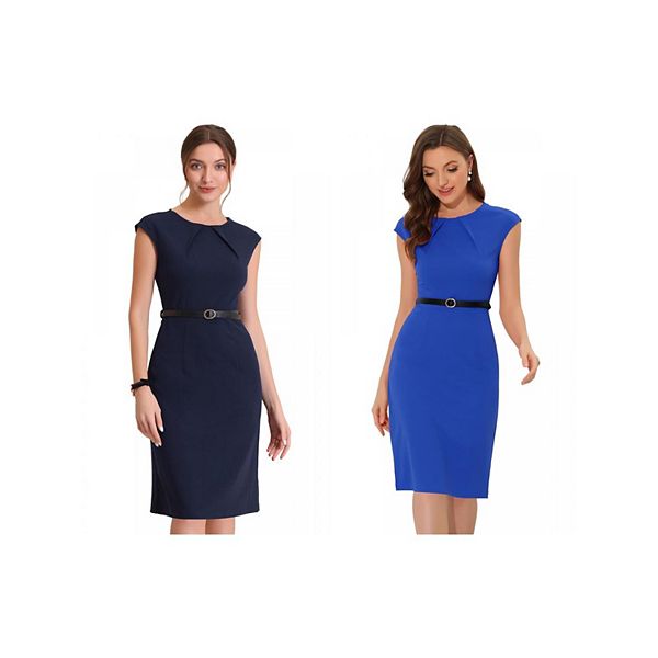 

2 элегантных офисных платья для женщин с круглым вырезом, короткими рукавами и поясом Allegra K, Dark Blue Royal Blue