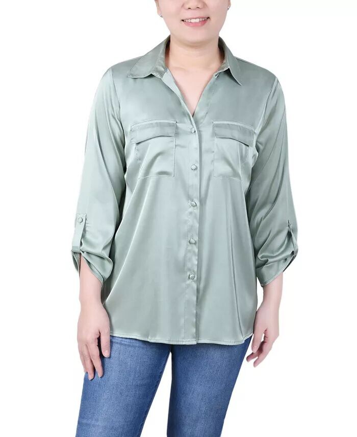 

Атласная блузка Petite с рукавами 3/4 с закатанным язычком NY Collection, зеленый