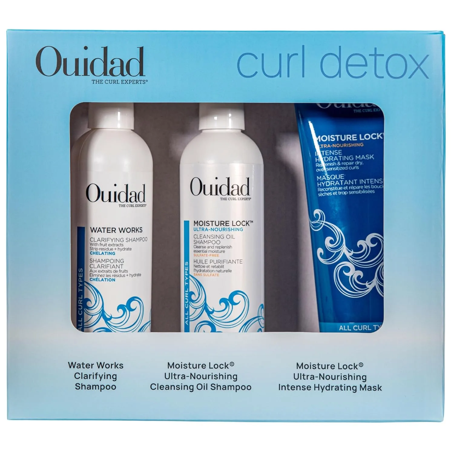 Набор Ouidad Curl Detox, шампунь для глубокого очищения от накоплений (250 мл), очищающий масляный шампунь (250 мл) и маска для контроля пушистости (230 мл), для всех типов кудрей