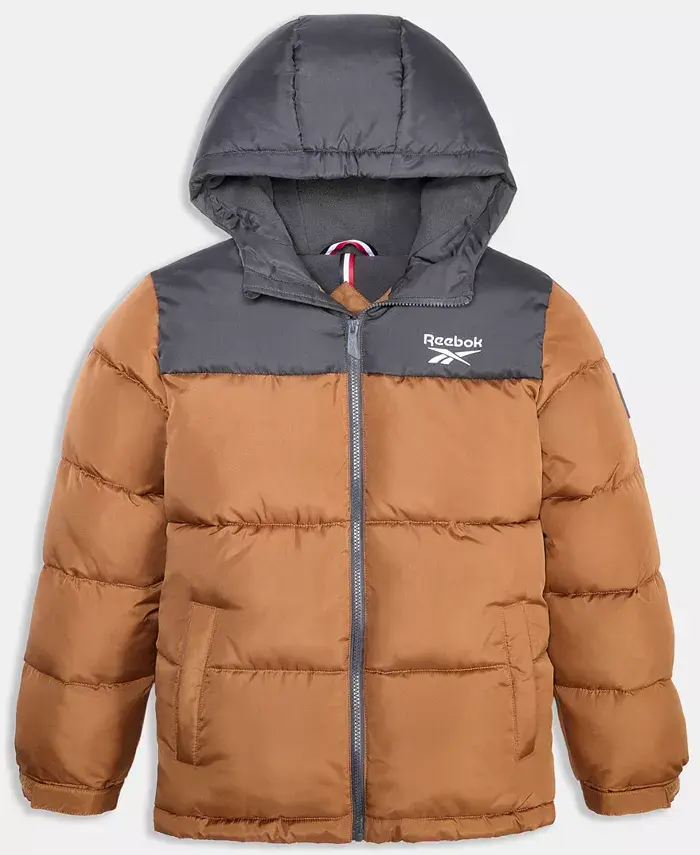 

Детская и мальчиковая куртка-пуховик с контрастной кокеткой и длинными рукавами Reebok, коричневый