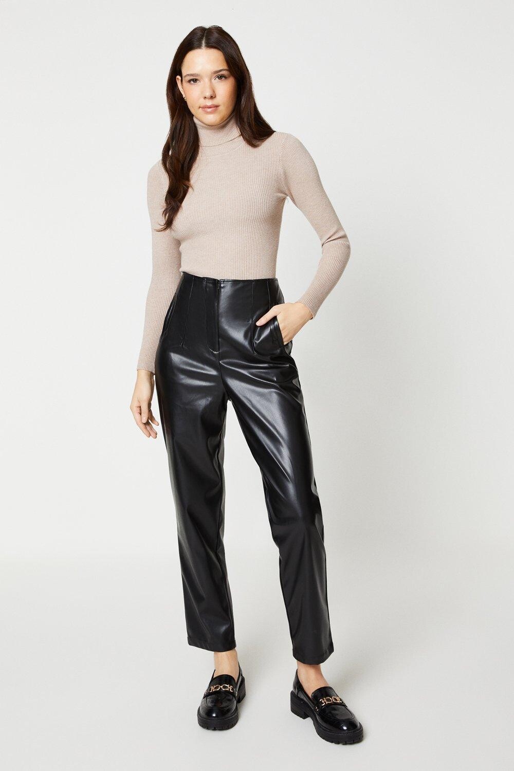 

Узкие брюки из искусственной кожи с высокой талией Dorothy Perkins, черный