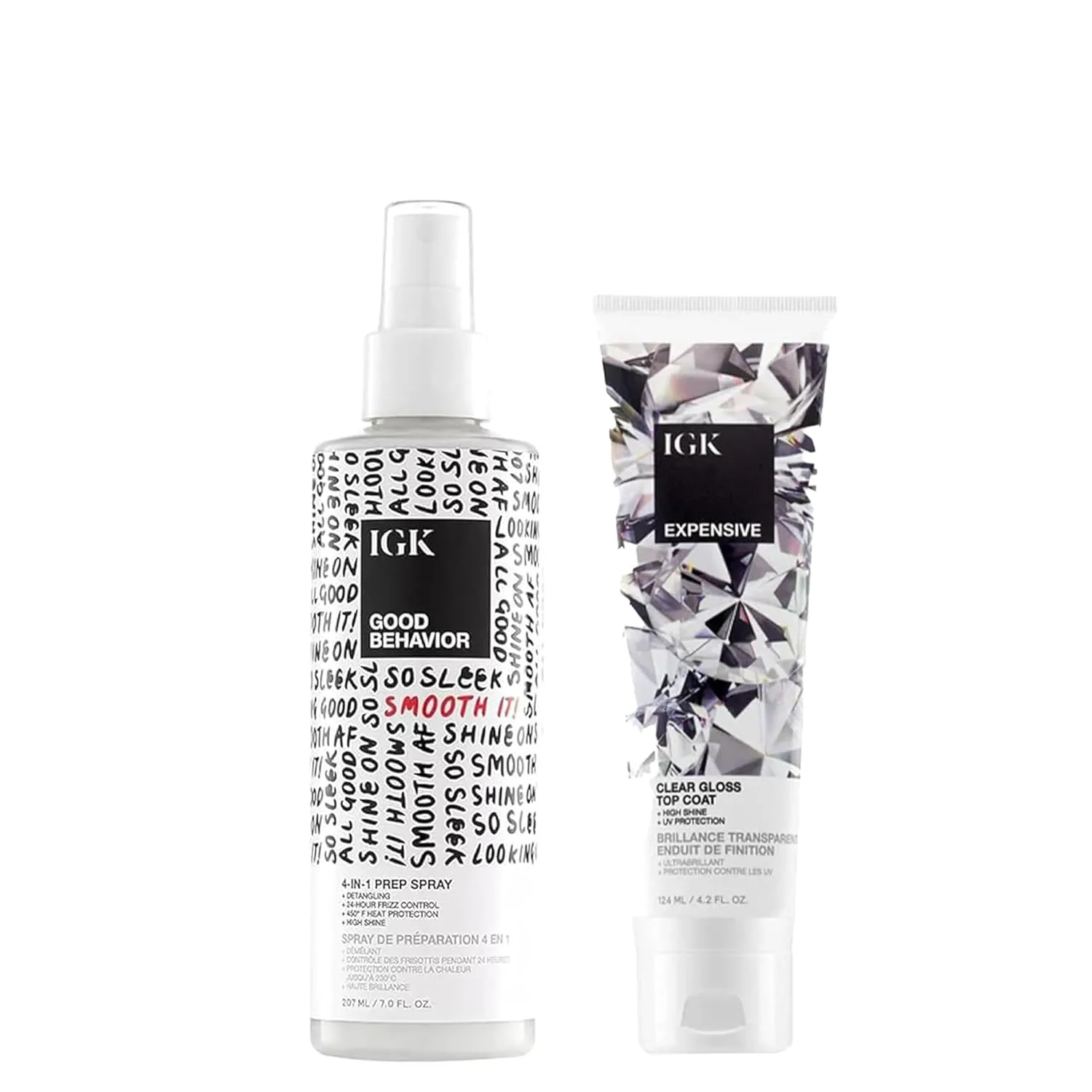 IGK Good Behavior 4-in-1 Prep Spray + Expensive Clear Gloss Top Coat - блеск, укрепление и выравнивание, веганский, без жестокости, 207 мл + 124 мл