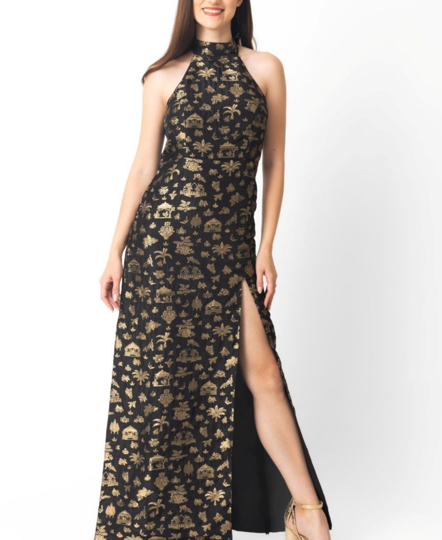 

Женское длинное платье черного цвета с золотым разрезом RAAS, Black