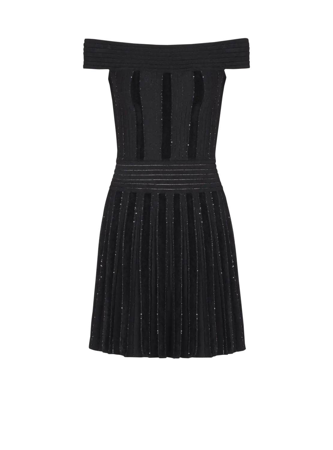 

Вязаное платье с блестками на открытых плечах Balmain, черный