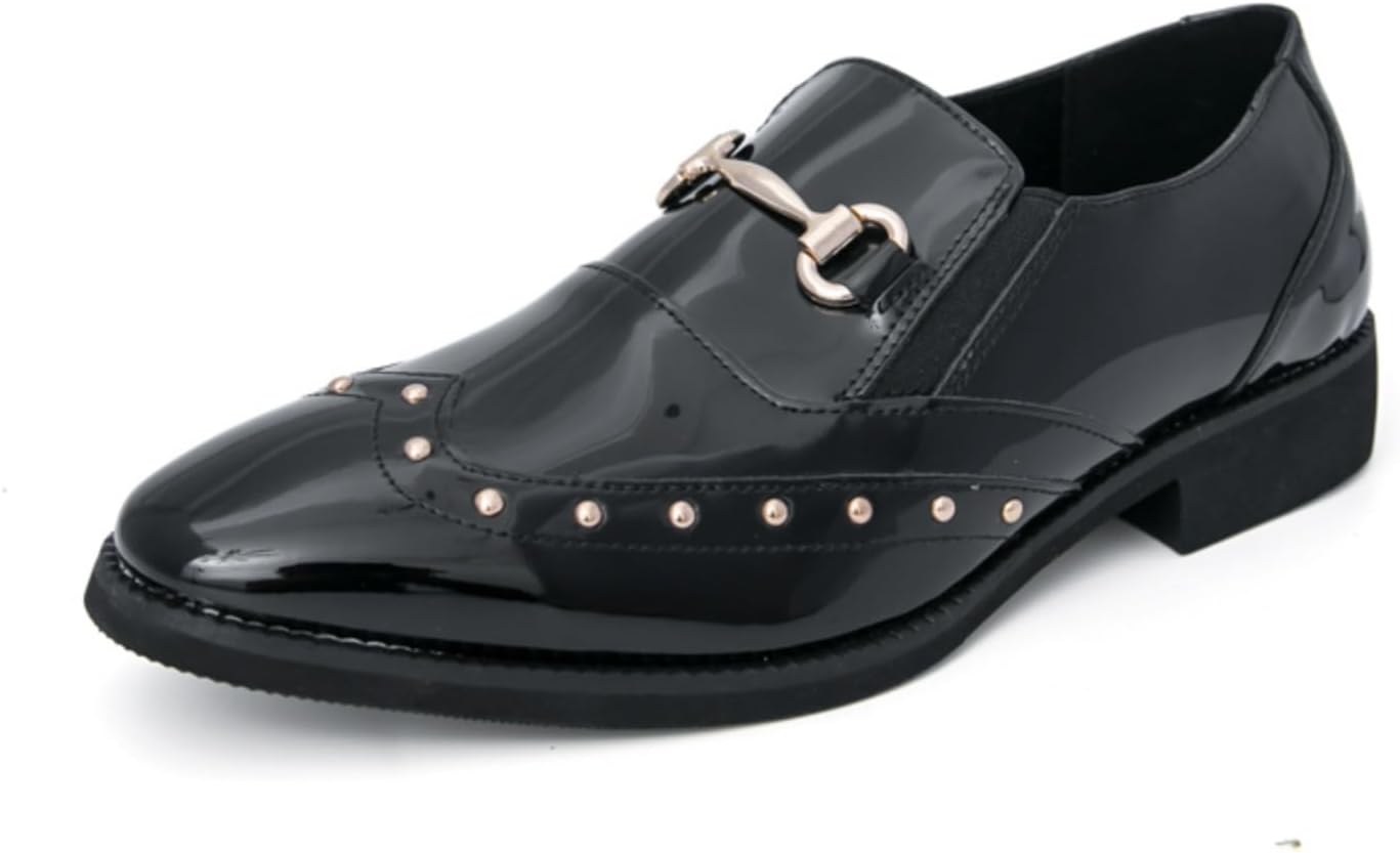 

Мужские лоферы из лакированной кожи с заклепками, декоративной пряжкой и эластичной вставкой, ретро массивный каблук, нескользящая подошва, квадратный носок, повседневные туфли для бизнеса, официальных мероприятий, вечеринок и свадеб Qwuieoin, ч...