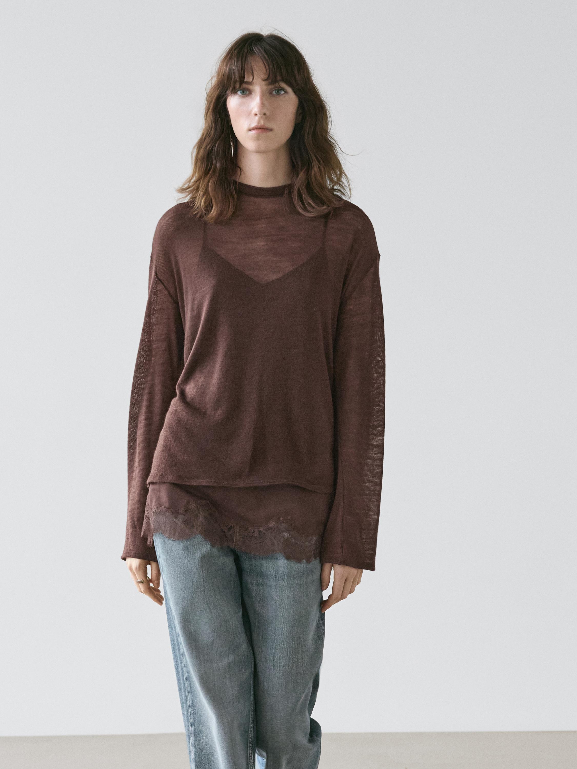 Футболка с длинным рукавом и кружевной деталью Massimo Dutti, brown — фото 3