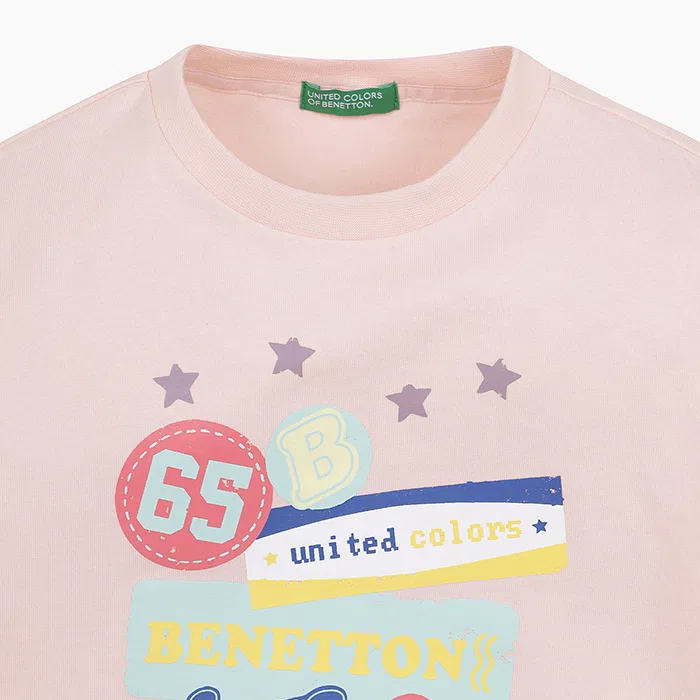 Детская укороченная футболка с графическим принтом розового цвета от Benetton Kids — фото 3