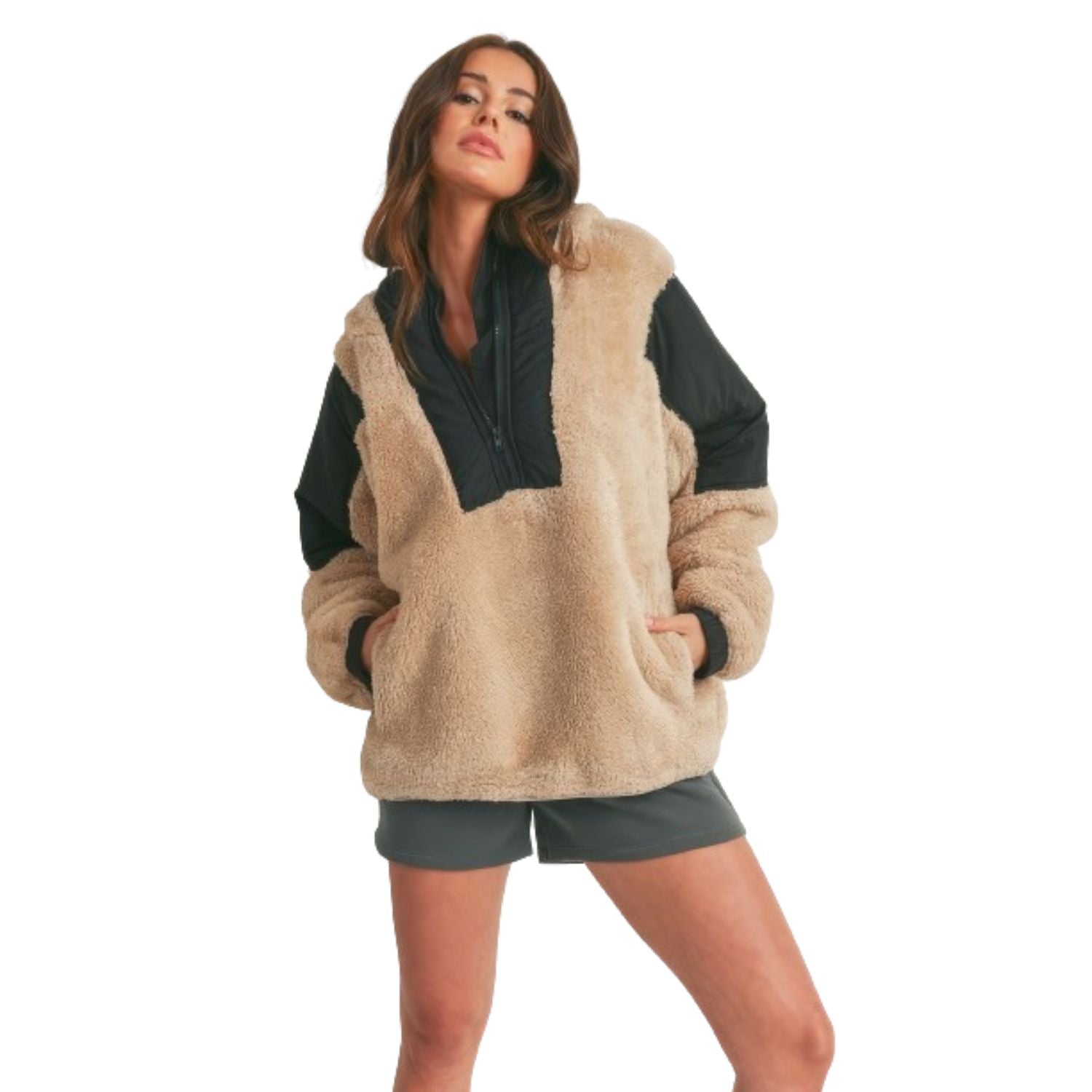 

Двухцветный уютный свитер с капюшоном FASHNZFAB, серо-коричневый/черный