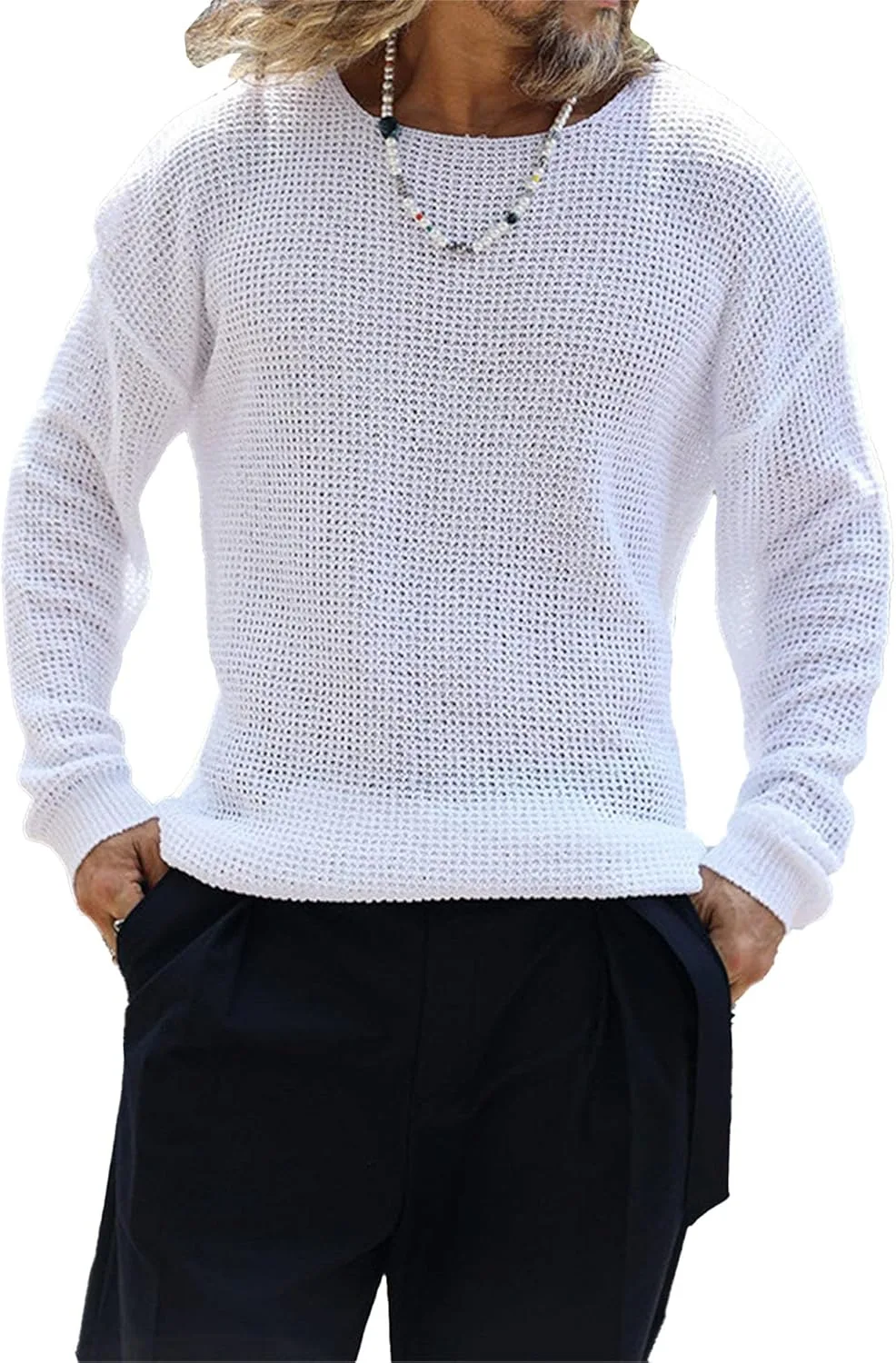 

Мужской свитер с вафельной вязкой, текстурированный, с длинными рукавами и круглым вырезом SWJGLITTR