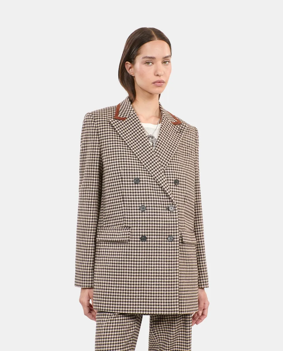 

Женский двубортный пиджак в клетку гингем The Kooples, бежевый
