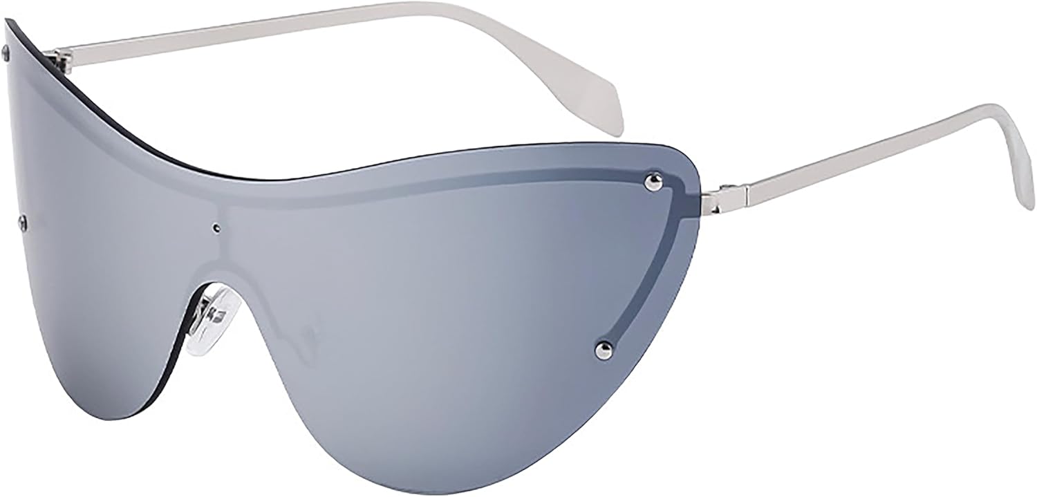 

Модные металлические солнцезащитные очки без оправы в стиле стимпанк Y2k, футуристические цельные зеркальные очки «кошачий глаз» для женщин с защитой от УФ-излучения UV400 Generic, F