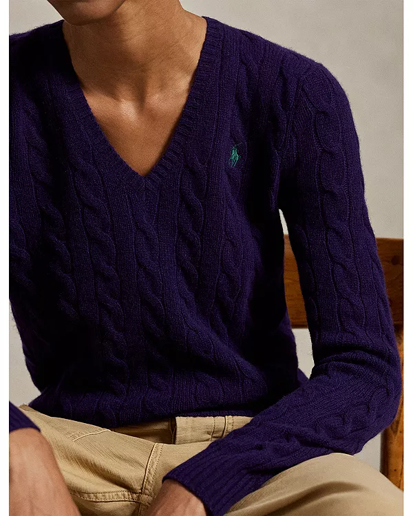 Свитер крупной вязки из шерсти и кашемира с V-образным вырезом Ralph Lauren, фиолетовый — фото 4