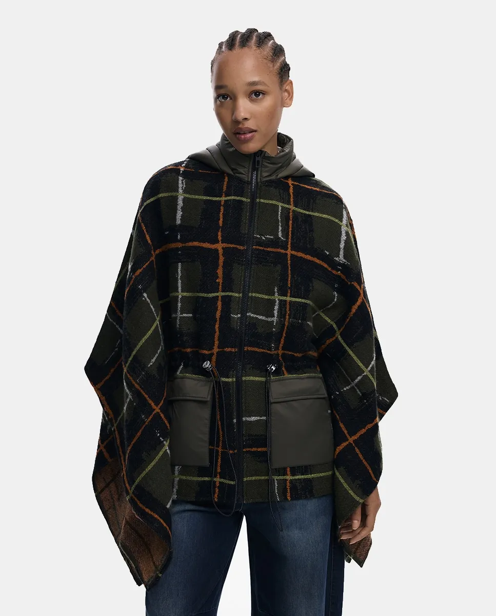 

Пончо в клетку с капюшоном и стеганной подкладкой Desigual, зеленый