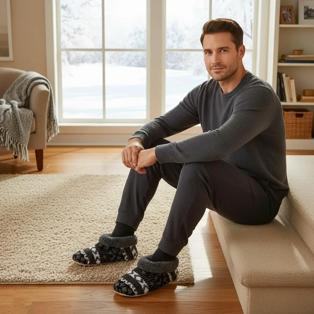 

Cosyone1997 Набор из 2 пар мужских носков-тапочек с пушистой подкладкой из шерпы, теплые носки с вязаным зимним узором, нескользящие подошвы, уютные подарки для мужчин, размеры 8-15, черный