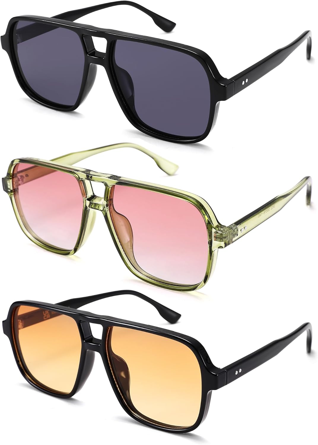 

LIU·WEN Ретро большие солнцезащитные очки-авиаторы для женщин, набор из 3 штук - винтажные квадратные модные очки в стиле 70-х, A1 Black/Grey + Black/Orange + Green/Gradient Red