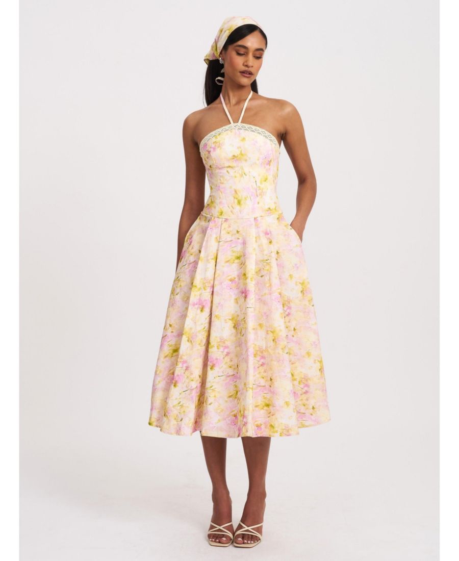 

Женское льняное платье миди Zaina желто-розового цвета с цветочным принтом и кружевной отделкой Miss Circle, Pink floral