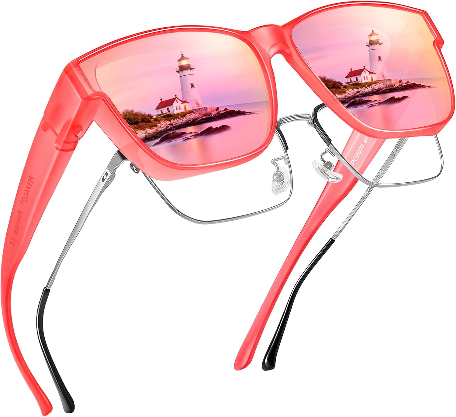 

Поляризованные солнцезащитные очки, надеваемые поверх обычных очков, для женщин и мужчин, большие квадратные летние очки с защитой от УФ-излучения UV400 Peekaco, A24 Matte Pink Frame/Pink Mirrored Lens