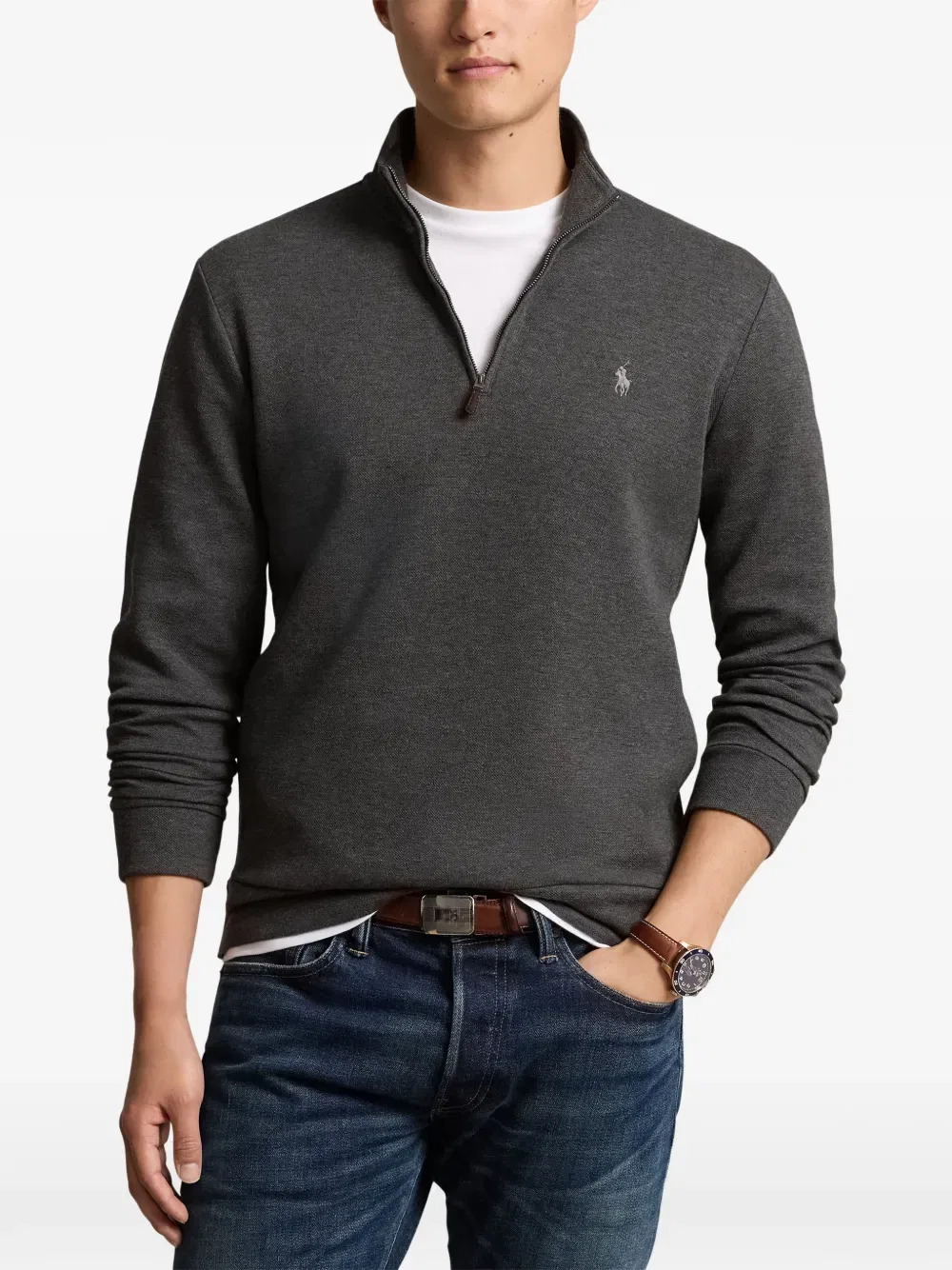 Свитер с вышитым логотипом и застежкой-молнией до середины груди Polo Ralph Lauren, серый — фото 3