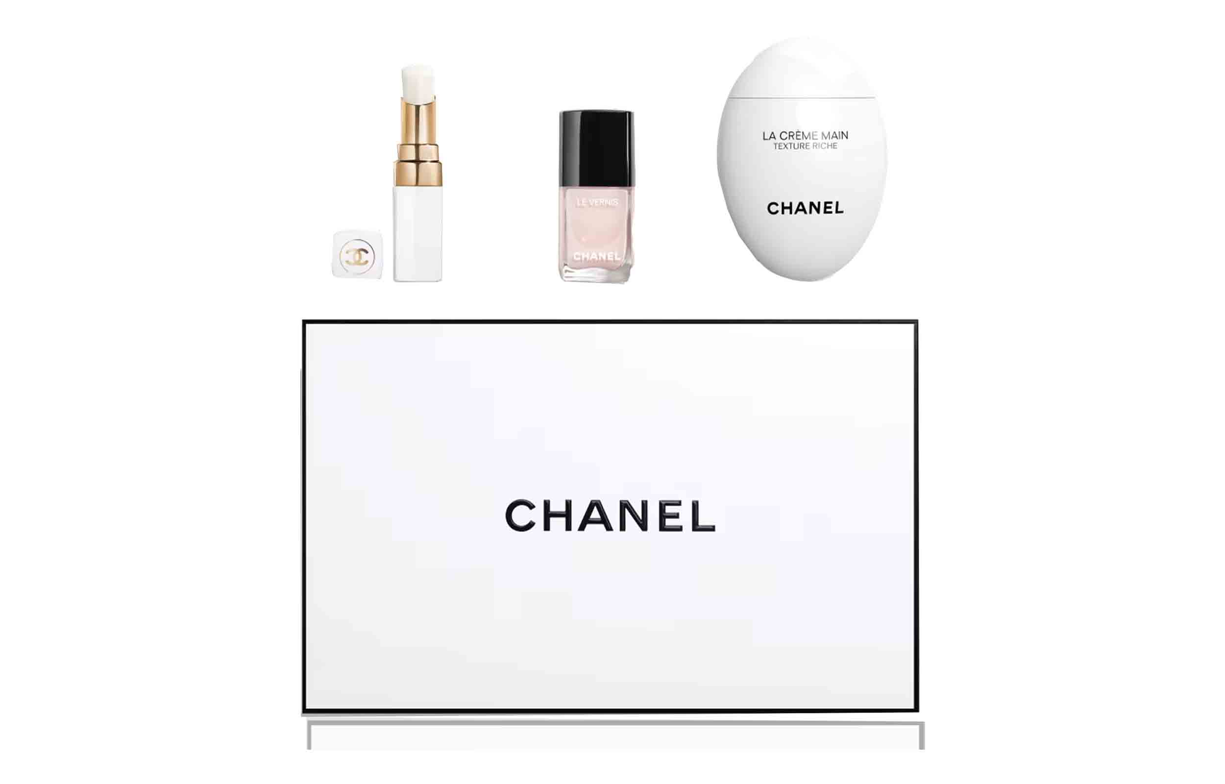 

Набор для ремонта и ухода с увлажняющим эффектом 3г+13мл+50мл CHANEL, three-piece set: lip balm #912 3g+nail polish #111 13ml+jade hand cream rich edition 50ml