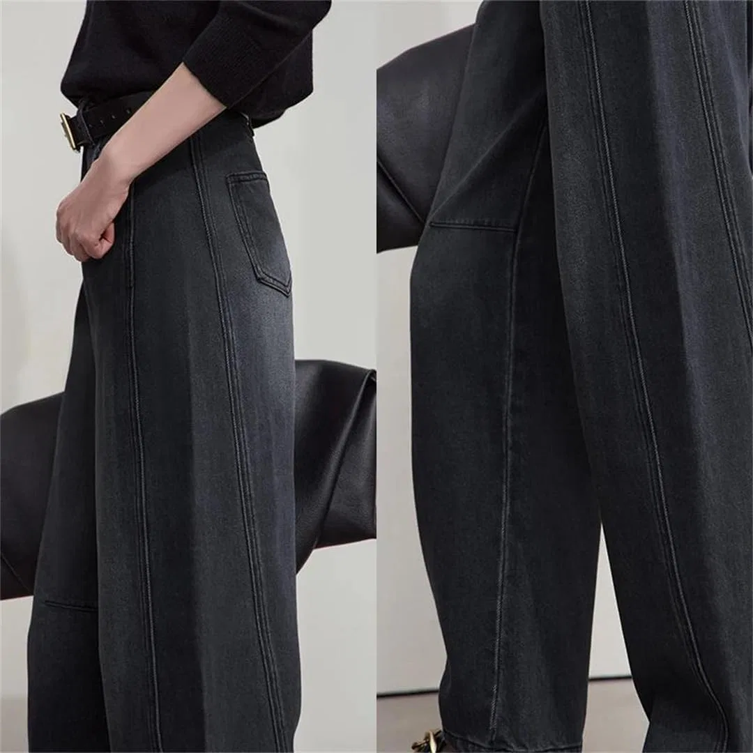 Джинсы свободные, Women's Casual Stretchy Wide-Leg Jeans Retro Loose Fit Long Trousers, джинсовый серый — фото 2
