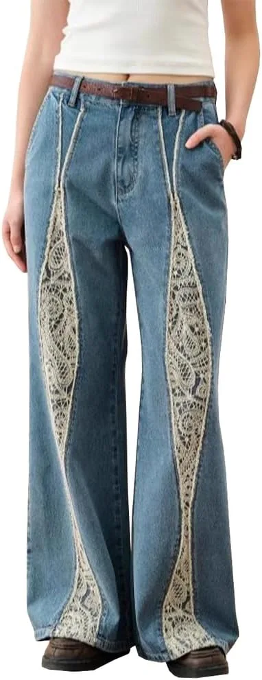 

Женские джинсы Vintage Y2K с высокой посадкой, стрейч, потертые, с кружевным пэчворком, прямые TACSTRUN