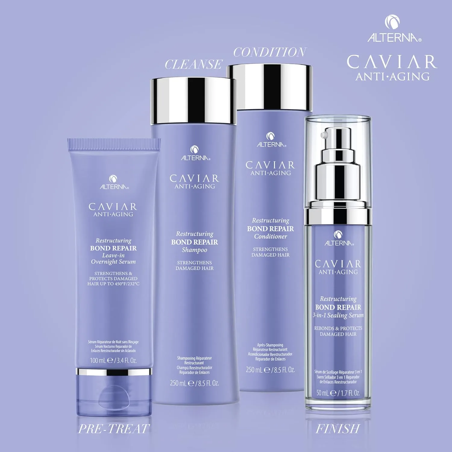 Шампунь Alterna CAVIAR Anti-Aging Restructuring Bond Repair | Для ломких, поврежденных волос и волос с секущимися кончиками | Восстанавливает, укрепляет и защищает поврежденные волосы | Без сульфатов — фото 4