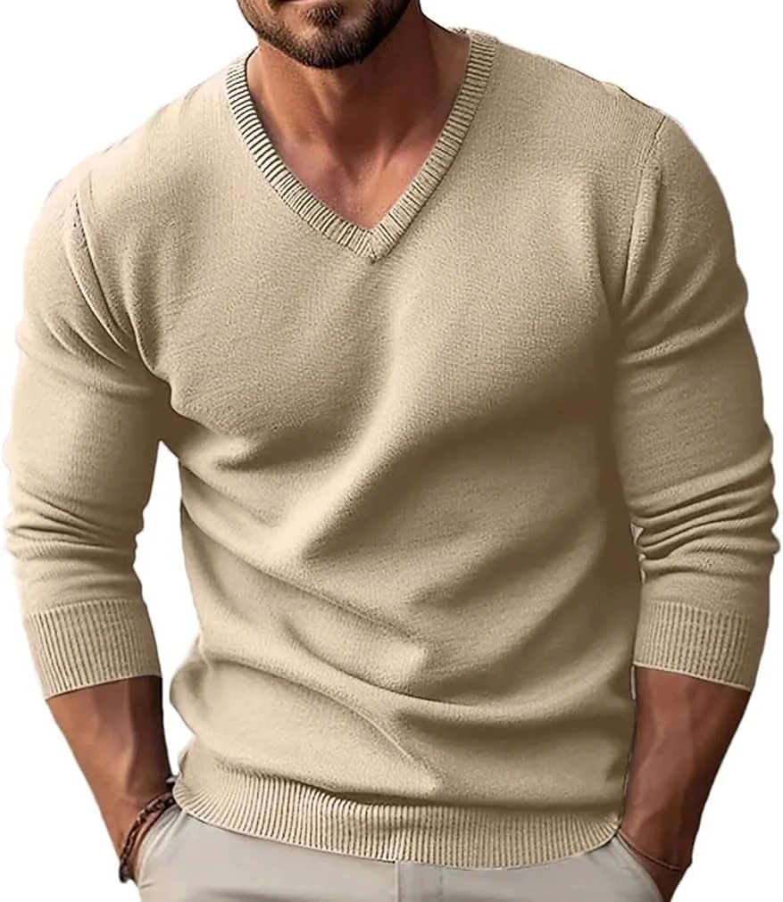 Мужской свитер с V-образным вырезом, Slim Fit, из полиэстера и акрила, теплый вязаный повседневный пуловер Generic, бежевый