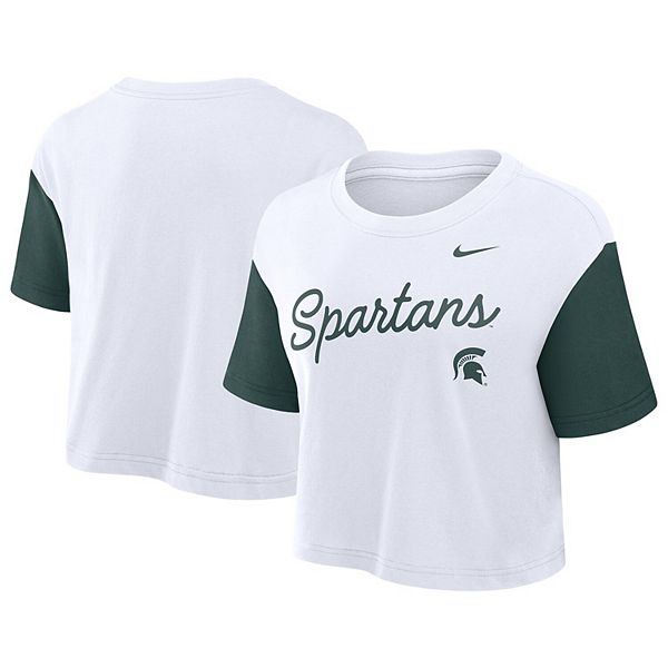 

Женская бело-зеленая футболка Michigan State Spartans с контрастными вставками и принтом Nike, Зеленый, Женская бело-зеленая футболка Michigan State Spartans с контрастными вставками и принтом Nike