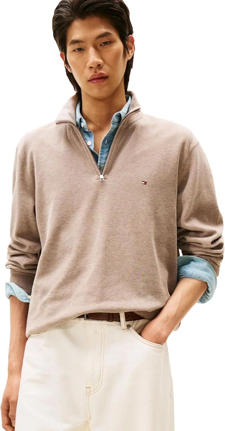 Толстовка Tommy Hilfiger мужская средней плотности с рубчиком и молнией на 1/4, Coastal Taupe Heather