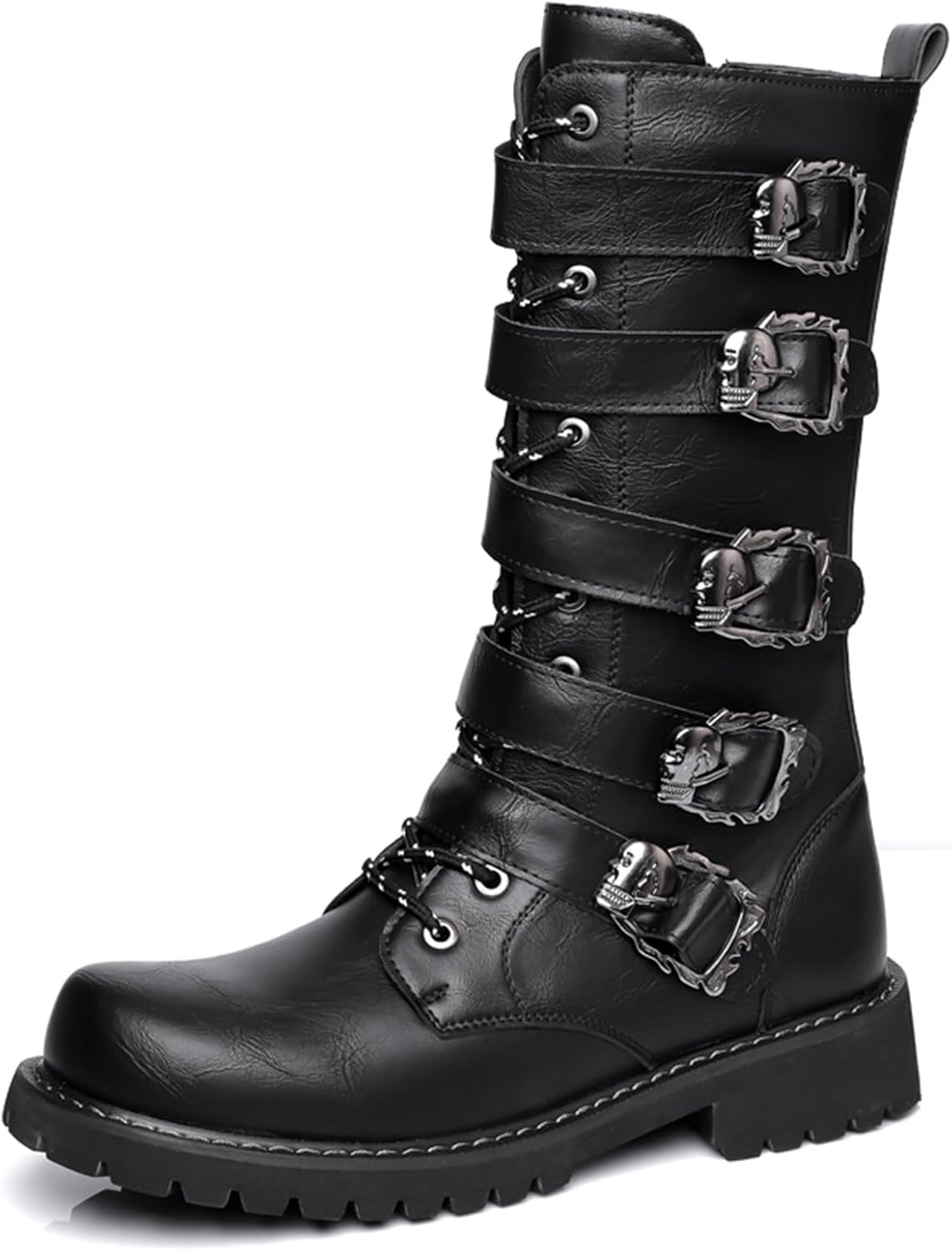 

Мужские черные кожаные высокие байкерские ботинки QKLMWES с шнуровкой, множественными ремешками, боковой молнией, круглым носком, для езды на мотоцикле, в стиле панк-рок, Y2K, ковбойские, западного, тактического и армейского стиля