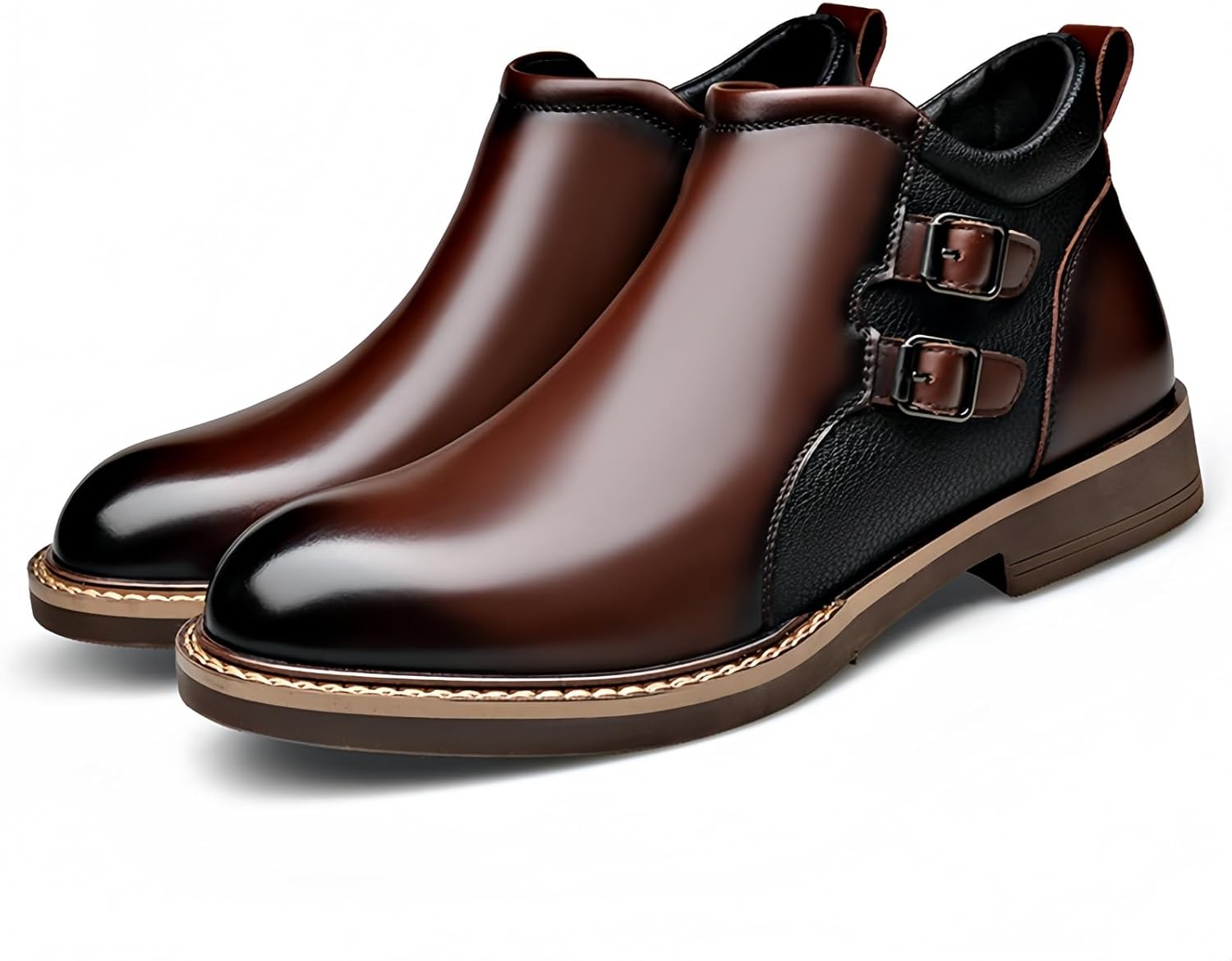 

Мужские кожаные ботинки Челси с термоутеплителем, боковой молнией и пряжками, с круглым носком, противоскользящие, зимние ботинки до щиколотки для холодной погоды, для офиса и повседневной носки Kelibasi, коричневый