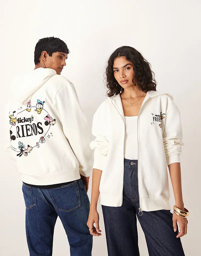 

Толстовка унисекс ASOS DESIGN Disney с капюшоном свободного кроя на молнии с принтом «Микки и друзья» кремового цвета