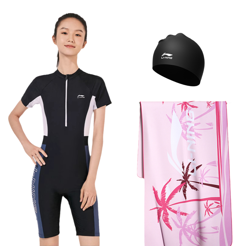 

Слитный женский купальник LiNing FW23, Black Swimsuit+Bath Towel+Swimming Cap