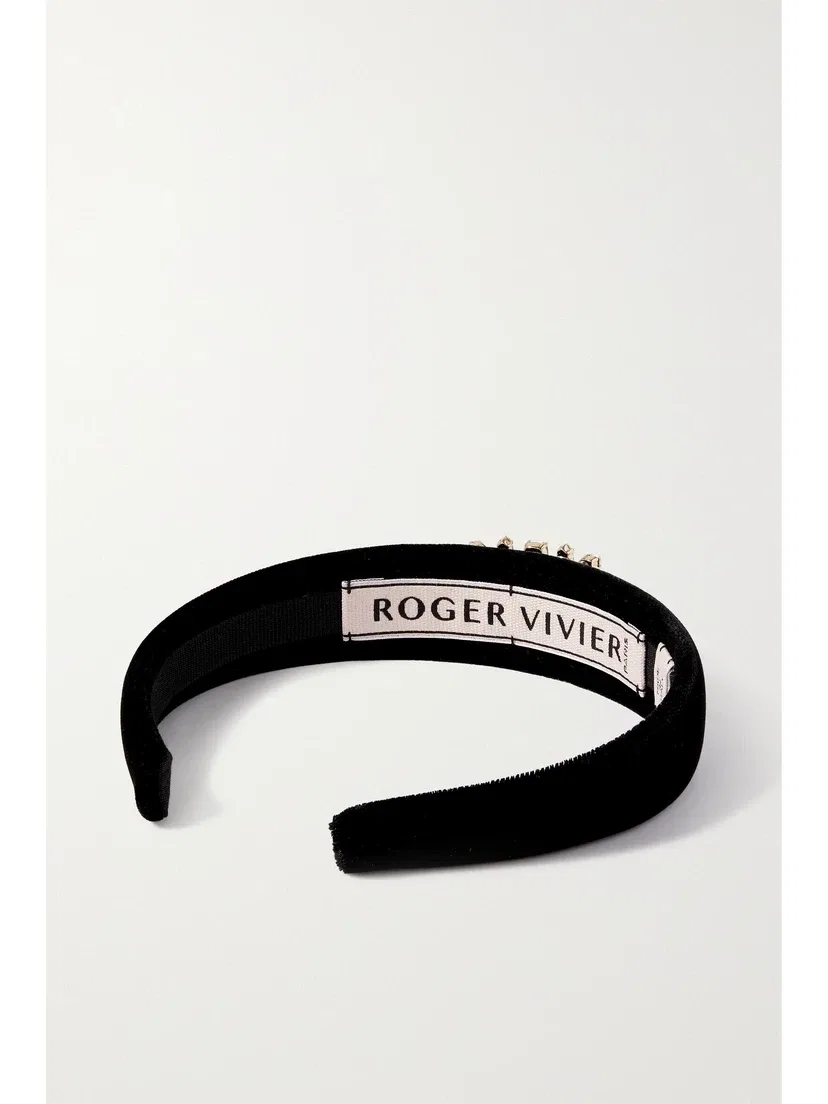 Велюровая повязка на голову, украшенная кристаллами-брошью Roger Vivier, черный — фото 3
