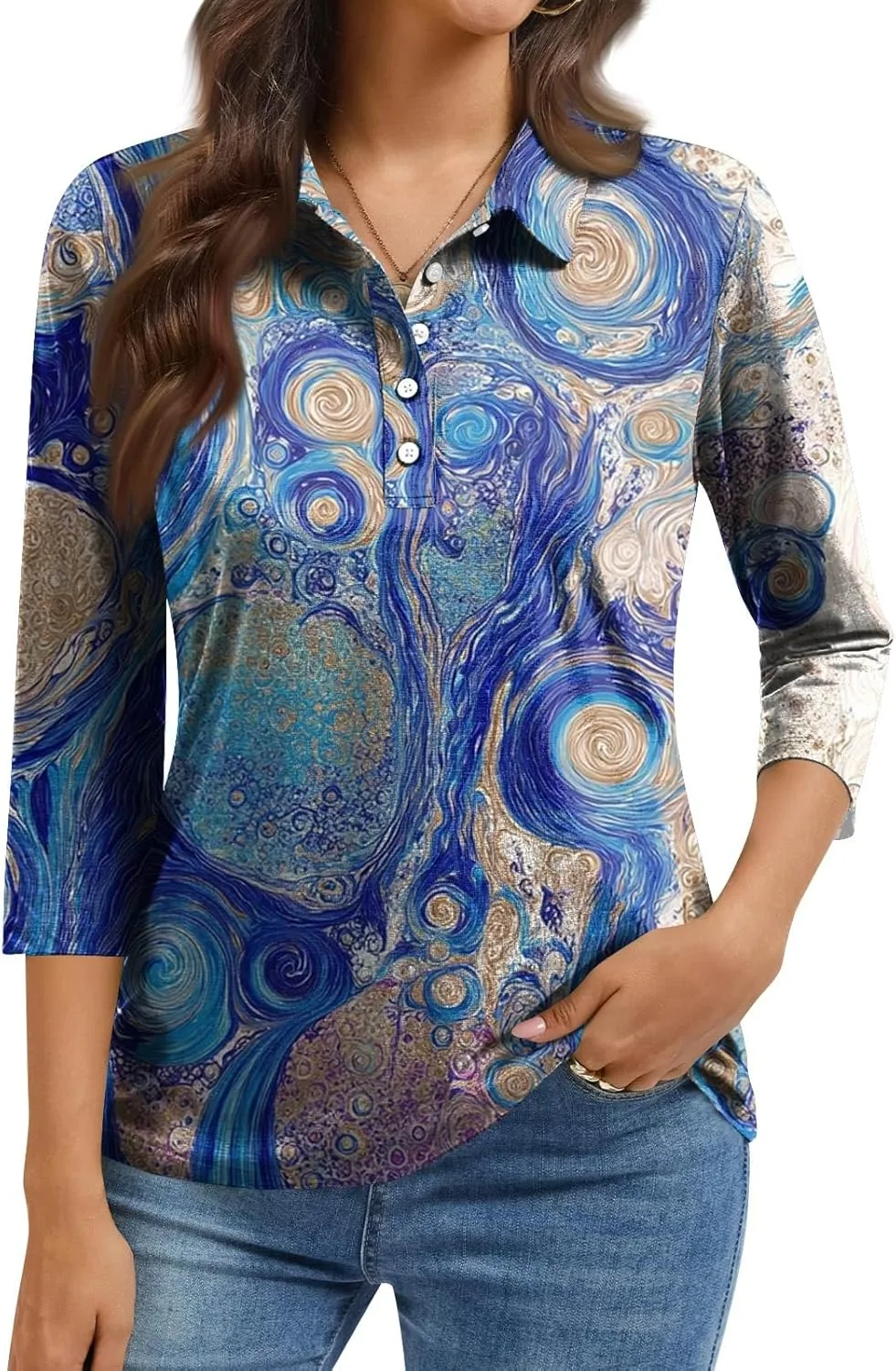 

Женская футболка-поло с принтом, 3/4 рукава, свободная