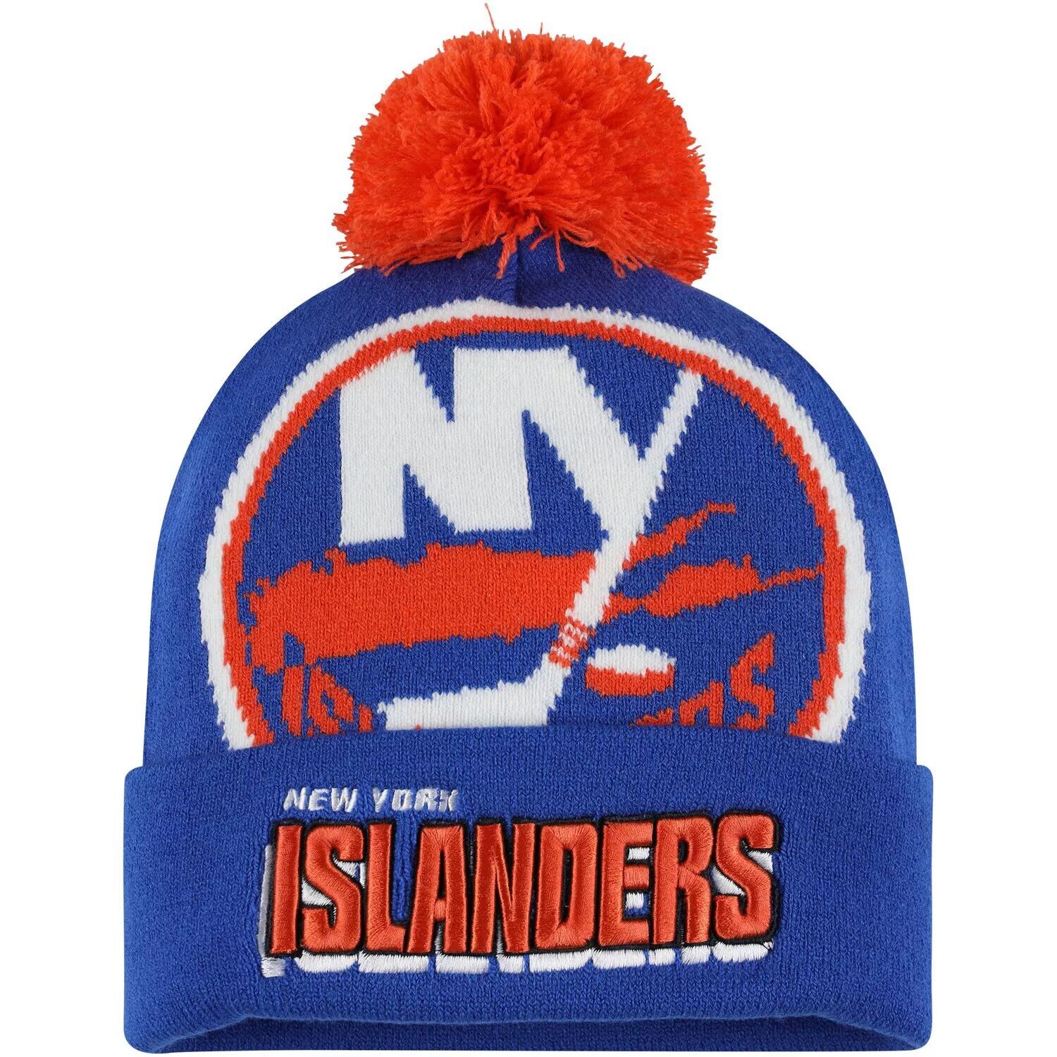 

Мужская вязаная шапка с манжетами и помпоном Mitchell & Ness Royal New York Islanders